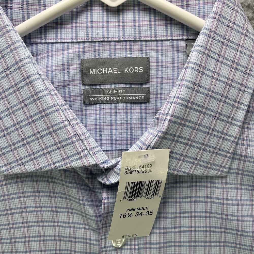 Michael Kors Performance Slim Fit Dress Shirt Mens Large Blue Plaid Stretch NWT - Picture 4 of 13